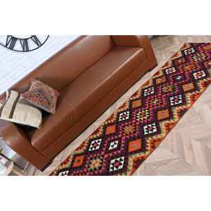 Turkish 2.2x10.3 ft Eco-Friendly Vintage <b>Runner</b> Rug <b>Red</b> Orange Patchwork Wool with Latex Backing - Product Image 4