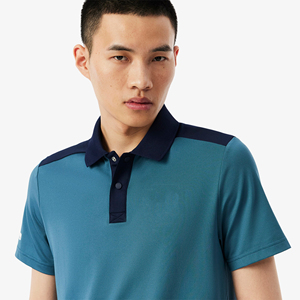 Men's Solid Color Knitted <b>Polo</b> <b>Shirt</b> Short Sleeve Breathable Casual Style <b>Blue</b> with Navy Collar and Shoulder Panels - Product Image 3