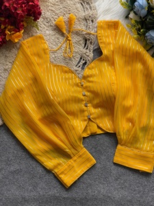 La blusa moderna con patrón de cuello en V se puede usar en sari y laheng Blusa con patrón abierto en la espalda con tasells de uno a tono - Product Image 2