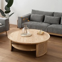 Table basse ronde à deux niveaux en bois avec base en rotin haute résistance, couleur naturelle, table basse pour salon