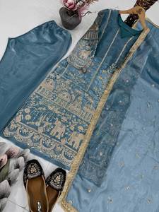 ชุดสูท3ชิ้นปักเลื่อมผ้าโปร่งบางคุณภาพสูงสำหรับผู้หญิงรวมทั้งชุดเสื้อด้านบนตรงด้านล่างและ dupatta - Product Image 3