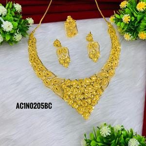Beautiful Designer Gold Plated Short <b>Necklace</b> Set One Gram Brass Fashion Jewellery with Flower Pattern Box Chain <b>for</b> Weddings - Product Image 2