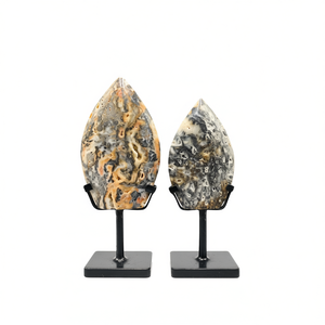 Zebra Jasper Flame Sculpture Black White Pattern <b>Stone</b> Iron Stand Cabochon Style Custom Size 12.5-15 cm Available - Product Image 2