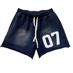 <b>Men's</b> Vintage Acid Wash Jogging <b>Shorts</b> Custom Cotton French Terry with Distressed Embroidery Applique <b>Patch</b> Streetwear Style - Product Image 2