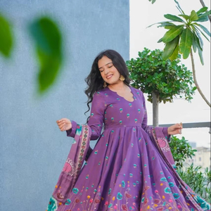 New Designer Casual & Formal Wear Pure <b>Viscose</b> Rayon Designer Print Anarkali <b>Top</b> With Rayon Bottom With Chinon Printed Dupatta - Product Image 1