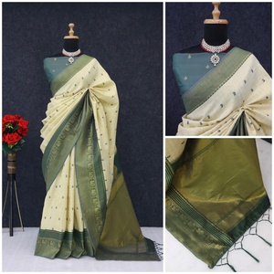 ชุดส่าหรีผ้าไหมสีเขียวสไตล์อินเดีย สำหรับคนรักแฟชั่น ดีไซน์เนอร์ ล่าสุด แบบดั้งเดิม หรูหรา พร้อมเสื้อคลุมแฟนซี สำหรับงานปาร์ตี้ เทศกาล และงานแต่งงาน - Product Image 2