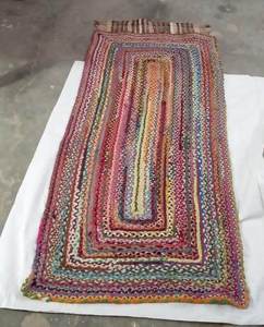 Ensemble de tapis en jute naturel fait à la main rectangulaire tressé avec forme de motif abstrait cercle intérieur bleu pour tapis de salon chambre à coucher - Product Image 2