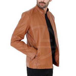 High Quality Sheep Skin Leather <b>Trucker</b> <b>Jacket</b> for Men with Zipper Front and Stand Collar Canvas Fabric - Product Image 1
