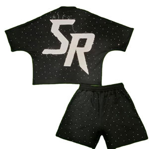 ชุดวอร์มสั้นผ้าฝ้ายทรงหลวมของผู้ชายชุดวอร์มสั้นพร้อมดีไซน์พลอยเทียมด้านหน้าและกางเกงขาสั้นแบบปรับแต่งได้ง่าย - Product Image 1