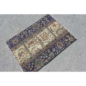 Classique Bleu Beige 2.3x3.1ft À La Main Tapis Turc Rectangulaire Patchwork Conception Laine Polyester Matériel Latex pour Chambre Salon - Product Image 2