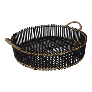 <b>Round</b> Trendy Black Display Serving <b>Wicker</b> Metal Tray with Handle Rattan Hand-woven Factory Price Tabletop Eco-friendly Household - Product Image 1