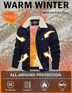 Veste d'hiver pour homme en velours côtelé doublée sherpa, coupe-vent, motif uni, finition denim, coupe régulière, vêtement décontracté d'extérieur - Product Image 4