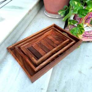 Ensemble de 3 plateaux de service rectangulaires rustiques en bois d'acacia plateaux décoratifs polyvalents pour Noël - Product Image 5