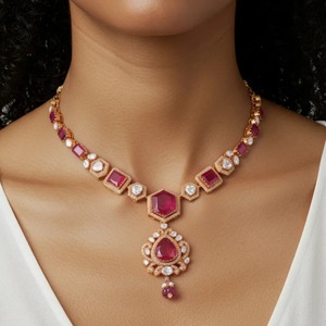 Ensemble collier et boucles d'oreilles en argent sterling 925 avec pierre précieuse rouge de luxe Gajaah pour femmes, bijoux de créateur minimalistes haut de gamme pour les fêtes - Product Image 1