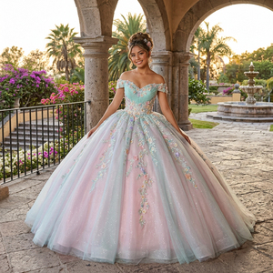 8599 Vestidos de Quinceañera Estilo Princesa con Escote Corazón, Estampado Floral, Corte Imperio, Voluminosos, con Cuentas y Cristales, Cintura Natural y Cola Capilla - Product Image 1