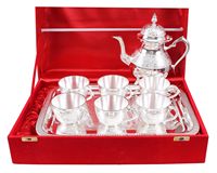 Théière plaquée argent aspect antique avec 6 tasses et 1 plateau Vaisselle sans fin Article décoratif Diwali Cadeau Article à vendre