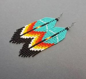 Beaded Feather American Style <b>Earrings</b> Seed Bead <b>Earrings</b> Fringe <b>Earrings</b> Long <b>Turquoise</b> Beaded <b>Earrings</b> Beadwork Jewelry - Product Image 2