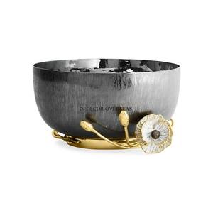 Newly Pattern Arrival Premium Quality Metal Made Round Shape <b>Silver</b> Unique Texture Finished <b>Bowl</b> With Gold Plated Flowers Base - Product Image 1