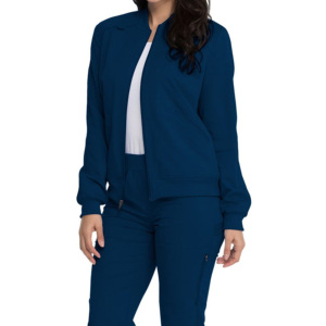 Chaqueta de laboratorio unisex de poliéster elástico con cuello alto personalizado, manga larga, cálida, con cremallera y detección de agujas, para uniformes médicos. - Product Image 4