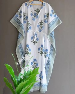 Hermoso vestido caftán de algodón para mujer de verano, estampado de bloques florales, cubierta de playa, ropa de descanso para fiestas, eventos, estilo Kimono largo - Product Image 1