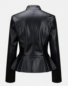 Veste de moto en cuir noir pour femme, coupe ajustée, fermeture éclair, cuir d'agneau souple, vêtement de bureau formel, élégant, haut d'hiver en coton - Product Image 2