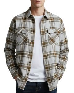 เสื้อเชิ้ตลายสก็อตผู้ชาย แขนยาว ติดกระดุม สไตล์ลำลอง ผ้าแฟลนเนล สีเทาอ่อน สีน้ำตาล รับสั่งทำ ขายส่ง - Product Image 1