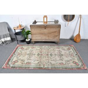 Tapis Turc Classique Vintage Beige Vert 3.6 X 6.8ft Laine Faite à la Main avec Support en Latex Motif Patchwork Rectangulaire pour Chevet - Product Image 1