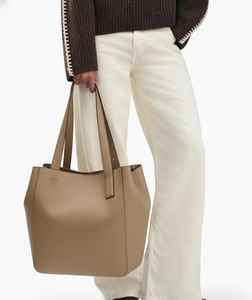 Genuine <b>Leather</b> Fashion Tote <b>Bag</b> <b>Women</b> Large Shoulder Work Minimalist <b>Laptop</b> Purse Two Zipper Taupe Beige Shopper Everyday Carry - Product Image 5
