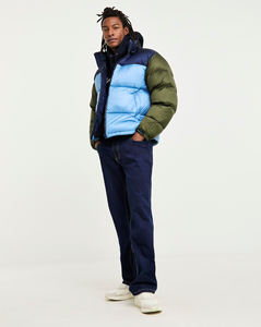 2025 dernière conception à la mode élégant couleur bleue unie doudoune Logo personnalisé imprimé manteau d'hiver col montant enduit - Product Image 1