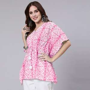 Robe caftan rose en coton imprimé cravate et teinture élégante décontractée longueur au sol taille libre Design personnalisé avec fentes - Product Image 2