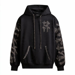 100% Cotton French Terry Rhinestone <b>Hoodie</b> <b>Men</b> Baggy Pullover Rhinestone Hood Top <b>Men's</b> - Product Image 3