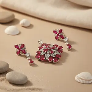 Juego de Joyería Fina para Mujer, Plata con Rubí, Pendientes y Collar Chapados en Oro con Circonita, Diamante y Perla para Bodas y Fiestas - Product Image 2