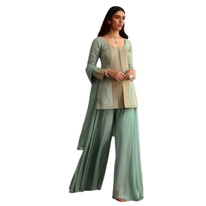 Ensemble Kurti brodé vert menthe avec dupatta, vente en gros, costume palazzo ethnique pour femmes, usine de vêtements OEM, fournisseur en gros, sur mesure - Product Image 2