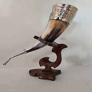 Buyer Choice Natural Viking <b>Drinking</b> Horn with Horn <b>Stand</b> Carved Antique Viking <b>Drinking</b> Horn with Brass - Product Image 3