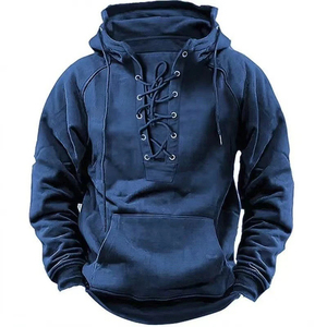 Otoño moda hombres sudaderas con capucha encaje-up cordón manga larga sudaderas con capucha sueltas hombres Streetwear Vintage Color sólido sudaderas con capucha - Product Image 4