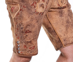 Pantalones cortos Lederhosen alemanes de alta calidad para hombre, disfraz bávaro Oktoberfest marrón antiguo 100%, pantalones de cuero de ante de cabra genuino - Product Image 3