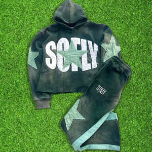 Custom Fashion Streetwear Hoodie Cropped Distressed Embroidery Heavyweight 500gms Acid Wash Hoodie Sweatshirt Set - Product Image 3