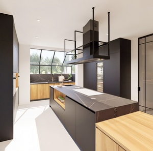 Ensemble d'armoires de <span class=keywords><strong>cuisine</strong></span> Balom de style italien moderne et luxueux, design d'îlot de <span class=keywords><strong>cuisine</strong></span> modulaire en placage de bois <span class=keywords><strong>laqué</strong></span> <span class=keywords><strong>noir</strong></span> mat sur mesure - Product Image 2