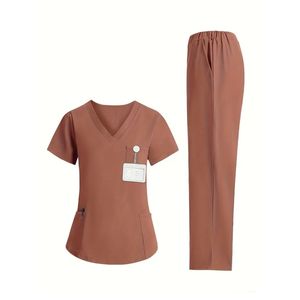 Uniforme médical de couleur pure femmes hôpital dentaire médecin travail costume à manches courtes animal de compagnie vétérinaire gommage vêtements Spa Service salopette - Product Image 5