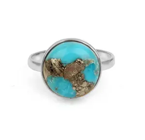 Pyrite Turquoise Gemstone Ring 925 Sterling Silver Round Shape Gemstone Rings Fashion Jewelry Wholesale Supplier