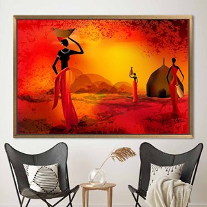 ภาพพิมพ์บนผ้าใบลายพระอาทิตย์ตก: งานศิลปะนามธรรมรูปผู้หญิงแอฟริกัน,1P:กรอบสีทอง - Product Image 1