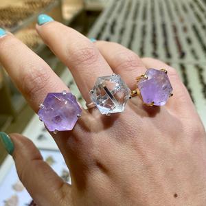 Unisex Classic Hexagon Simple Band <b>Rings</b> Amethyst Clear Quartz Resizable - Product Image 2