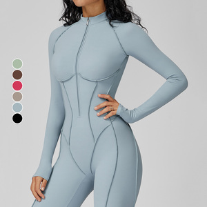 Vente en gros de vêtements de gym élastiques à séchage rapide demi-fermeture éclair à manches longues pour femmes combinaisons de fitness yoga une pièce - Product Image 3
