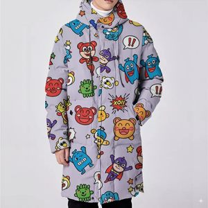 2025 invierno hombres impreso burbuja acolchado abrigo largo botón abajo Puffer acolchado dibujos animados chaquetas largas hombres - Product Image 6