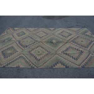 Alfombra turca Kilim 6,2X10,9 pies Azul Beige Tejido plano Lana hecha a mano Jacquard Felpa Pila Altura Rectángulo Pasillo Estampado Látex - Product Image 3