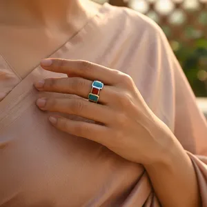 Bague géométrique en argent sterling 925 avec pierres turquoise et rouges, style bohème, bijoux unisexes, cadeau - Product Image 2