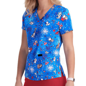 Women's Blue Patriotic Print 100% Cotton <b>Scrub</b> <b>Top</b> with Stars Fireworks and Animals V-Neck Short Sleeve Hospital Uniform - Product Image 1