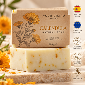 Saponetta Naturale alla Calendula con Etichetta Privata 100g |   Lenitivo per Pelli Sensibili Vegano |   Produttore OEM Spagna - Product Image 1