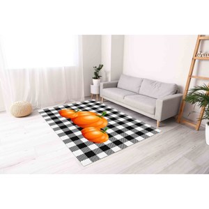 <b>Pumpkin</b> Rug: Black and <b>White</b> Checkered Halloween <b>Decor</b>,Chenille Rug - Product Image 3