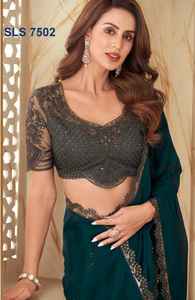 Sari en soie de créateur exclusif avec belle bordure de travail de séquence de broderie de haute qualité pour la fête de mariage porter le style pakistanais - Product Image 2